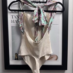 Free People Cream Ribbed Bodysuit with Paisley Ties